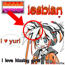 a drawing of a girl with a speech bubble that says i love kissing girls