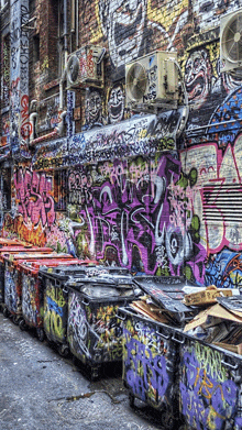a bunch of trash cans are lined up in front of a wall that has graffiti on it including one that says nz