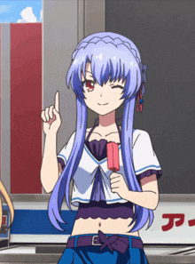 a girl with long blue hair is holding a popsicle and giving a thumbs up