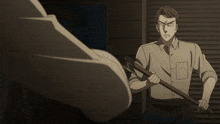 a man in a white shirt is holding a hammer in his hand