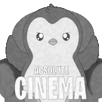 a black and white drawing of a penguin with the words absolute cinema on it