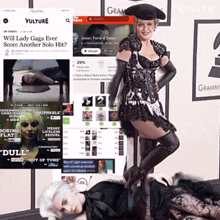 a woman in a black and white outfit is surrounded by a bunch of advertisements including one that says dull