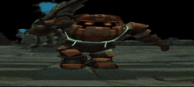 a video game character with a glowing orange eye