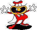a pixel art drawing of a red and yellow cartoon character with a big mouth and a white tail .