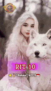 a woman in a white dress holding a white wolf with the number 10 on the bottom right