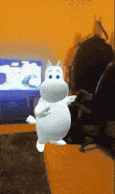 a cartoon character is standing in front of a tv screen