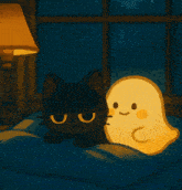 a black cat laying next to a ghost on a bed