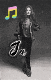 a black and white photo of a woman with the word ja on the bottom right