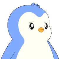 a blue and white penguin with a sad look on his face