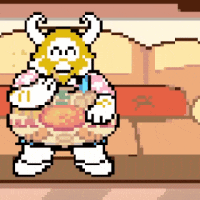 a pixel art character holding a basket of eggs