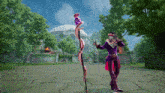 a skeleton in a purple suit is holding a purple snake
