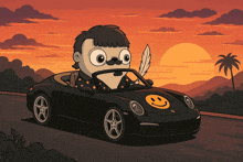 a cartoon of a man driving a car with a smiley face on it