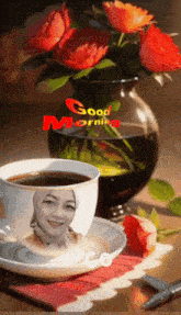 a cup of coffee sits next to a vase of flowers with the words good morning on it