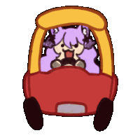 a purple and yellow cartoon character is driving a red toy car .