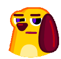 a cartoon dog with a purple nose and a red ear is making a funny face .