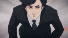 a man in a suit and tie is looking at the camera with his hands on his hips