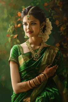 a painting of a woman in a green and gold dress