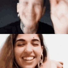 a man and a woman are having a video call and the woman is smiling and waving at the camera .