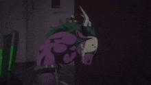 a purple monster with a mask on his head is standing in a dark room