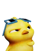 a yellow cartoon chicken wearing blue glasses on its head
