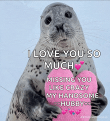 a seal is holding a pink heart and says i love you so much