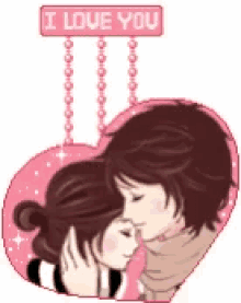 a cartoon of a boy kissing a girl with a sign that says i love you