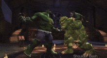 a video game screen shows a hulk fighting another monster