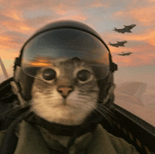 a cat wearing a pilot 's helmet and goggles with planes in the background