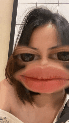 a close up of a woman 's face with a duck mouth