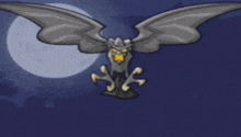 a cartoon drawing of a bat flying in front of a full moon