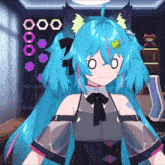 a girl with blue hair and a bow tie is making a face