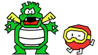 a cartoon drawing of a green monster standing next to a red balloon with the letter b on it