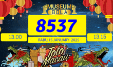 a poster for museum bola toto macau shows dragons and lanterns