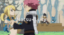 a couple of anime characters standing next to each other with natsu and lucy written on the bottom