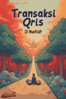 a cartoon illustration of a man sitting on the side of a road with the words " transaksi qris " on it