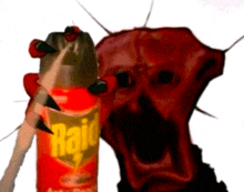 a red monster is holding a bottle of raid insect spray