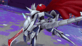a robot with a red cape and a sword on it