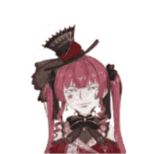 a girl with pink hair is wearing a top hat and a bow .