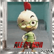 a picture of a chicken wearing glasses and the name alexi nini