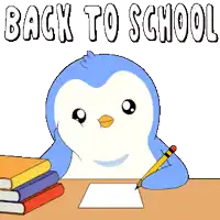 a penguin is writing on a piece of paper with the words back to school written above him