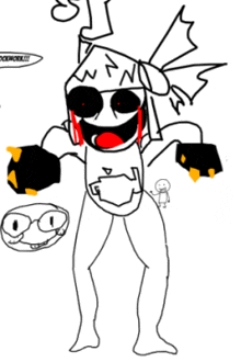 a black and white drawing of a cartoon character with a red tongue coming out of his mouth
