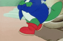 a cartoon character is wearing a blue jacket and red boots
