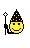a pixel art drawing of a banana with glasses and a red tongue .