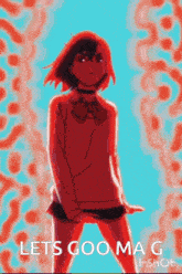 a girl in a red sweater is standing in front of a blue background with the words let 's goo mag written below her .