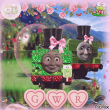 a picture of two thomas the tank engines with hearts and the letters gwr