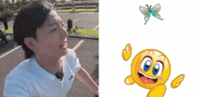 a man is smiling next to a smiley face and a butterfly