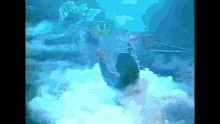 a woman is swimming in the water with smoke coming out of her mouth ..