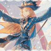 a cartoon character wearing a blue and gold outfit and hat
