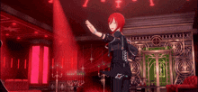 a red haired anime character is dancing in a room with red lights