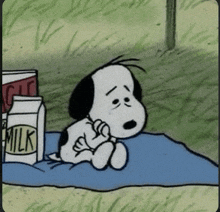 a cartoon of snoopy sitting on a blue blanket next to a carton of milk